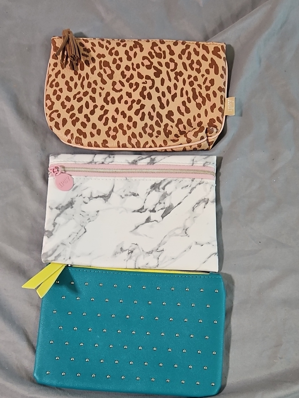 ipsy Leopard Print Cosmetic Pouch Trio - Beige, White Marble, Teal